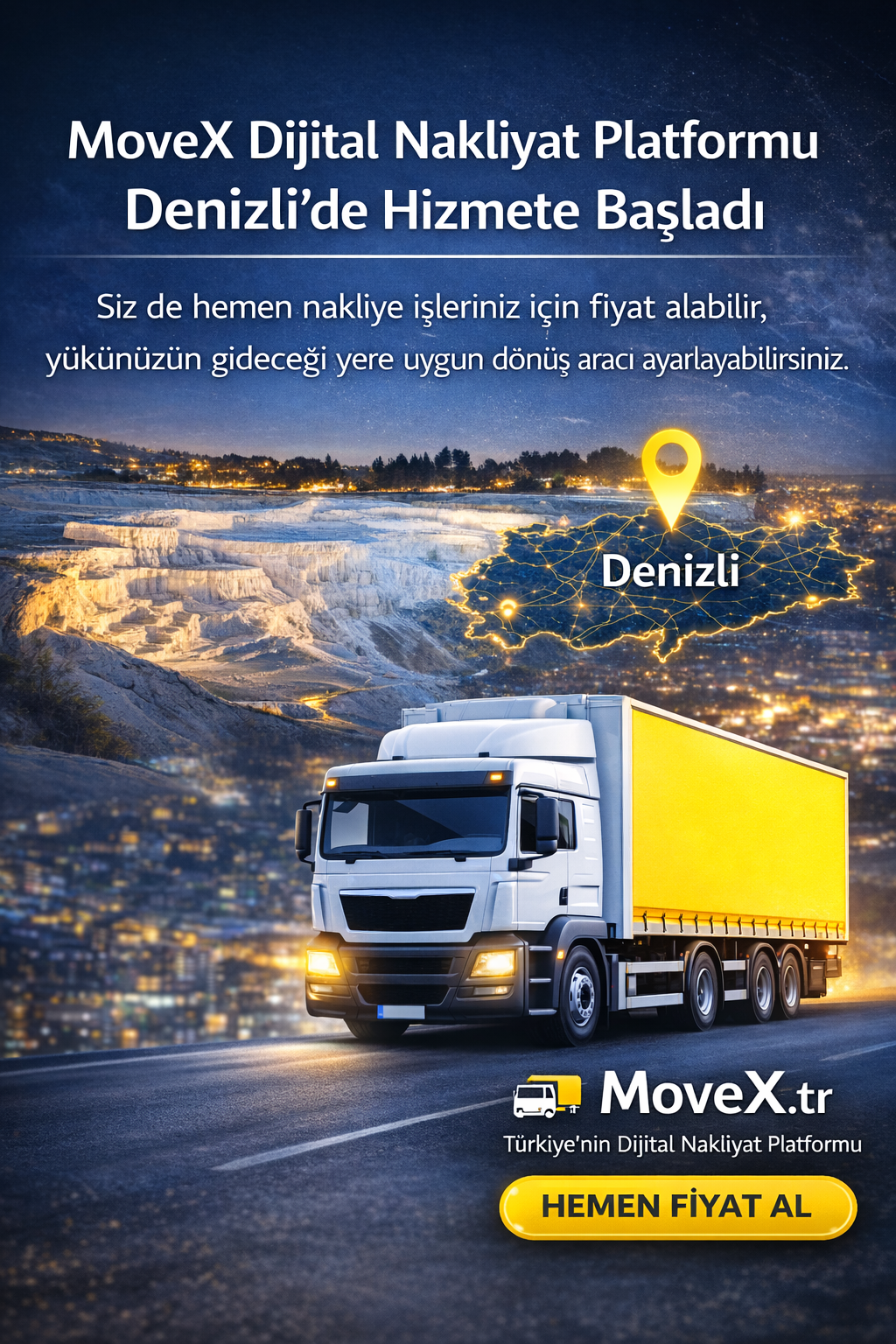Denizli’den Türkiye’ye yeni bir dijital platform doğdu.

Denizli’li bir iş insanının geliştirdiği MoveX, lojistik ve evden eve nakliyat sektörüne yeni bir çözüm getiriyor.

✔️ Basit kullanım
✔️ Güvenli sistem
✔️ Ücretsiz platform
✔️ 165.000 araçlık büyük ağ

🚚 Yükünüz için dönüş aracı bulun
📦 Nakliye işlerinizi kolayca planlayın

👉 MoveX.tr