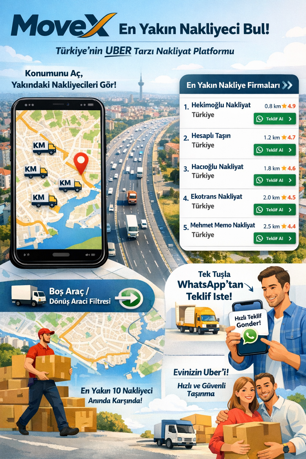 Denizli’den Türkiye’ye yeni bir dijital platform doğdu.

Denizli’li bir iş insanının geliştirdiği MoveX, lojistik ve evden eve nakliyat sektörüne yeni bir çözüm getiriyor.

✔️ Basit kullanım
✔️ Güvenli sistem
✔️ Ücretsiz platform
✔️ 165.000 araçlık büyük ağ

🚚 Yükünüz için dönüş aracı bulun
📦 Nakliye işlerinizi kolayca planlayın

👉 MoveX.tr