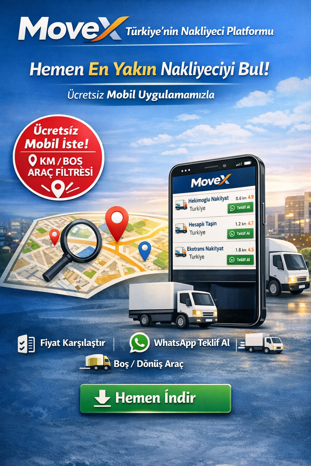 Denizli’den Türkiye’ye yeni bir dijital platform doğdu.

Denizli’li bir iş insanının geliştirdiği MoveX, lojistik ve evden eve nakliyat sektörüne yeni bir çözüm getiriyor.

✔️ Basit kullanım
✔️ Güvenli sistem
✔️ Ücretsiz platform
✔️ 165.000 araçlık büyük ağ

🚚 Yükünüz için dönüş aracı bulun
📦 Nakliye işlerinizi kolayca planlayın

👉 MoveX.tr